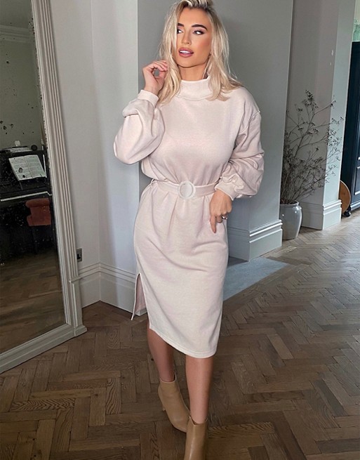 In The Style x Billie Faiers long sleeve sweat midi dress with belt detail in cream