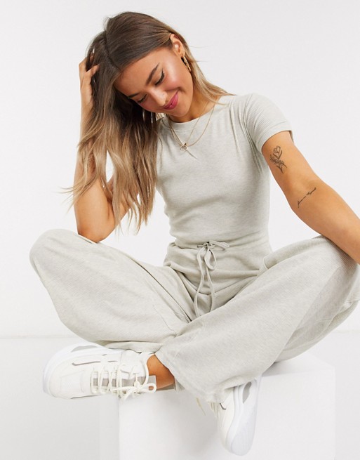 In The Style x Billie Faiers loungewear ribbed wide leg jumpsuit in stone