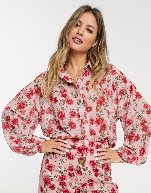 In The Style x Billie Faiers oversized shirt co ord in red floral print