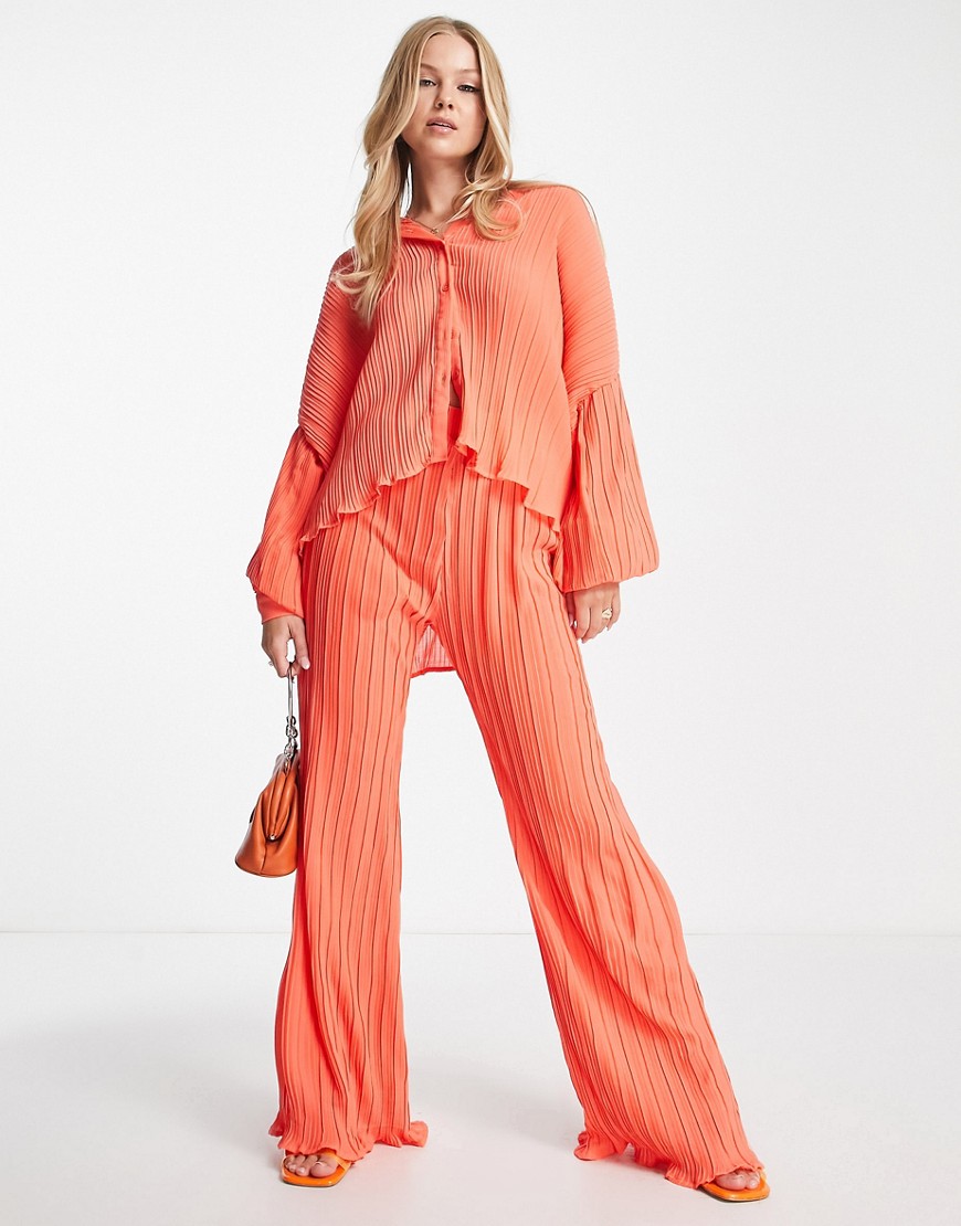 In The Style x Billie Faiers plisse trouser co-ord in coral-Orange
