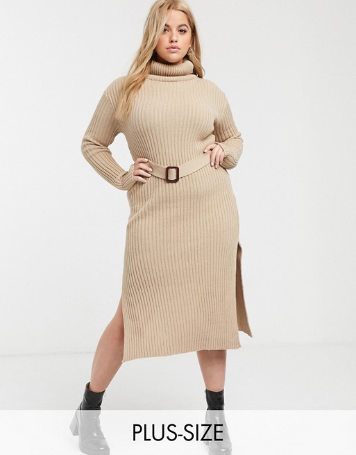 In The Style x Billie Faiers Plus knitted roll neck midi dress with belt in camel