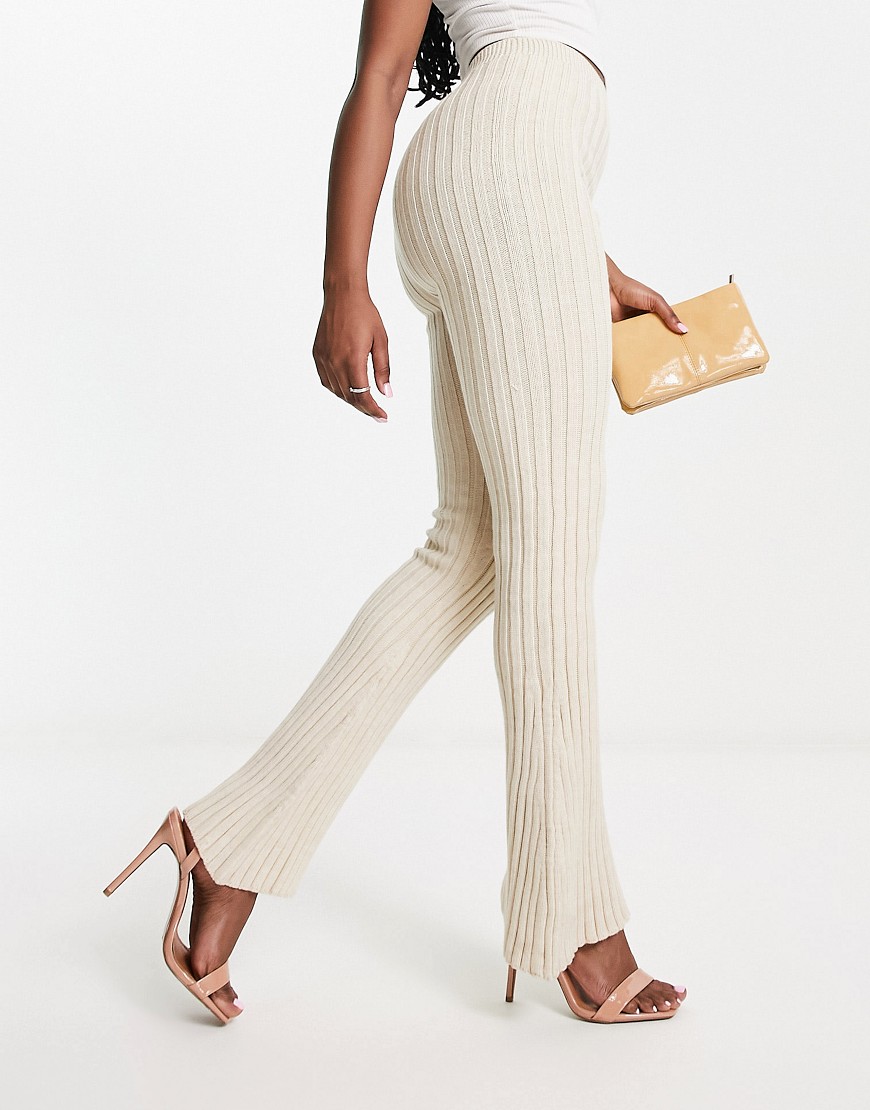 In The Style x Billie Faiers ribbed flared trouser co-ord in cream-White
