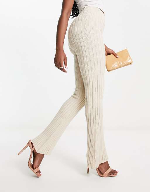 In The Style x Billie Faiers ribbed flared trouser co-ord in cream