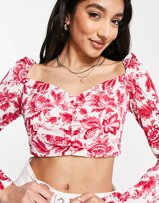 In The Style x Billie Faiers square neck puff sleeve crop top in pink floral print