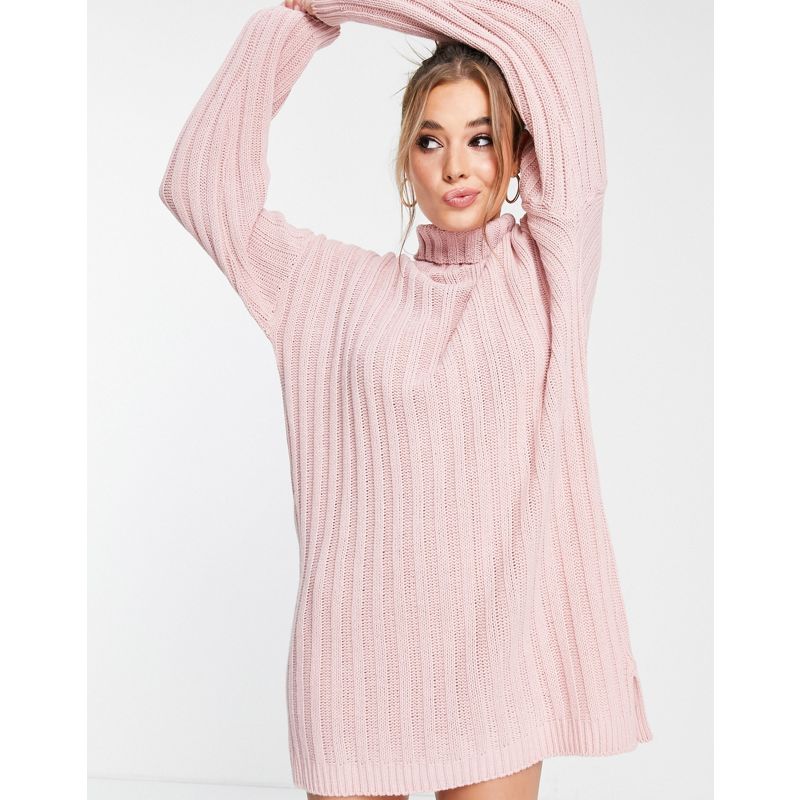 Donna Vestiti casual In The Style x Billie Faiers - Vestito maglia lavorato oversize con collo alto rosa