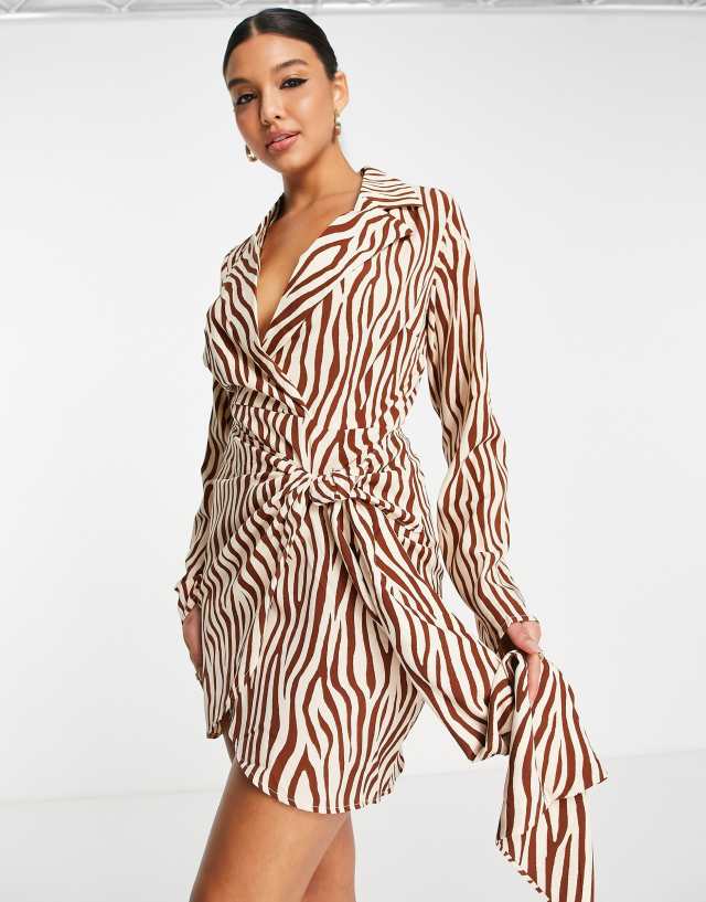 In The Style x Billie Faiers wrap detail dress with frill detail in brown leopard