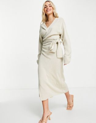 In The Style x Carys Whittaker ribbed knitted wrap midi dress in stone