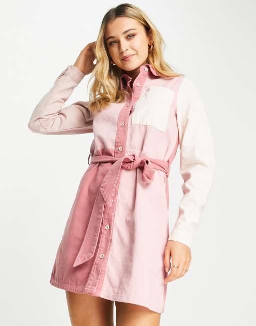 In The Style x Dani Dyer colour block pocket detail shirt dress in pink