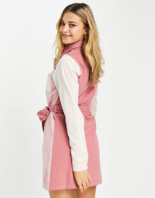 In The Style x Dani Dyer colour block pocket detail shirt dress in pink