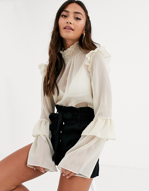 In The Style x Dani Dyer high neck chiffon blouse with frill detail