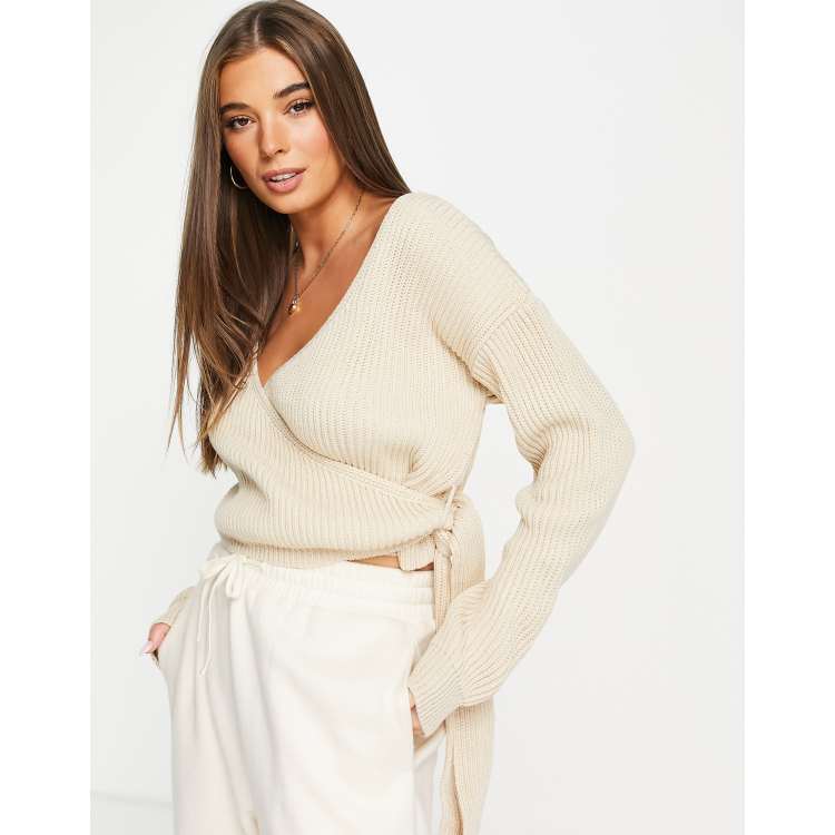In The Style x Dani Dyer knitted wrap jumper in cream ASOS