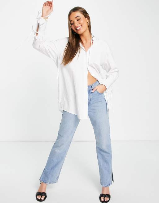 In The Style x Dani Dyer - Overhemd met rimpeleffect en gestrikte mouwen in wit