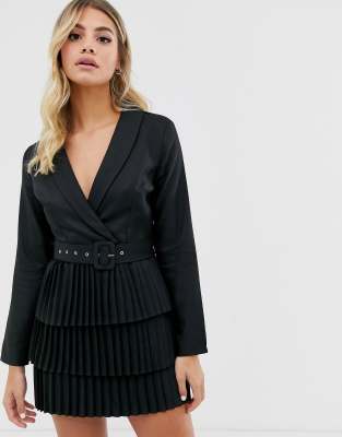 In The Style X Dani Dyer Plunge Front Blazer Dress With Pleated Skirt In Black