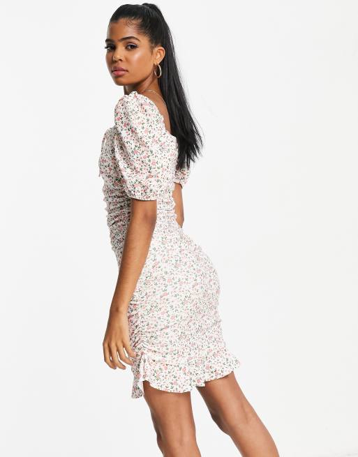 In The Style x Dani Dyer puff sleeve ruched mini dress in white