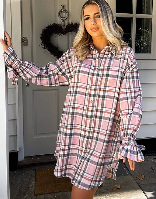 In The Style x Dani Dyer ruched tie sleeve shirt dress in multi check print