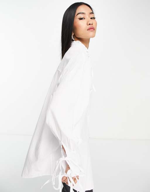In The Style x Dani Dyer ruffle collar tie sleeve shirt in white, 3 of 4