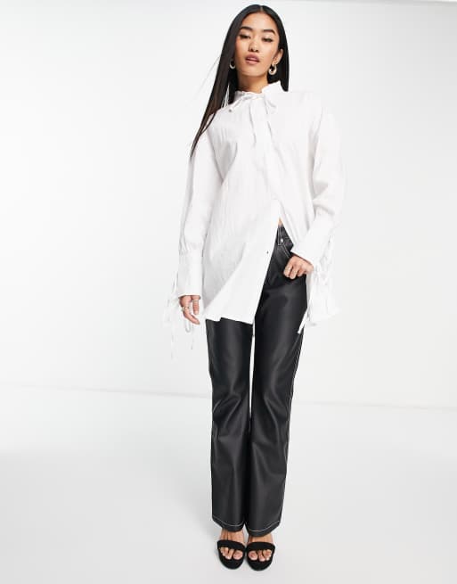 In The Style x Dani Dyer ruffle collar tie sleeve shirt in white, 4 of 4
