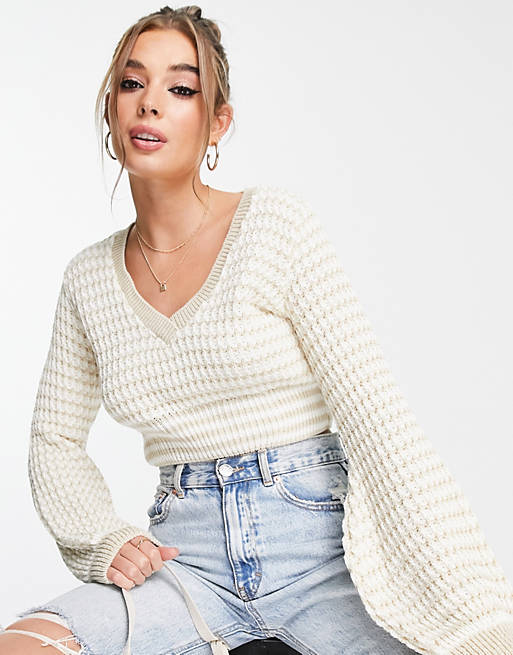 In The Style x Dani Dyer textured volume sleeve crochet jumper in stone