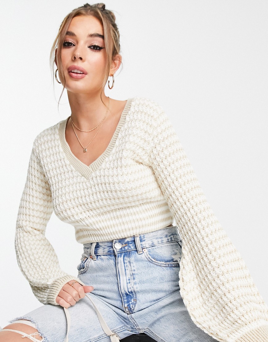 In The Style x Dani Dyer textured volume sleeve crochet sweater in stone-Neutral