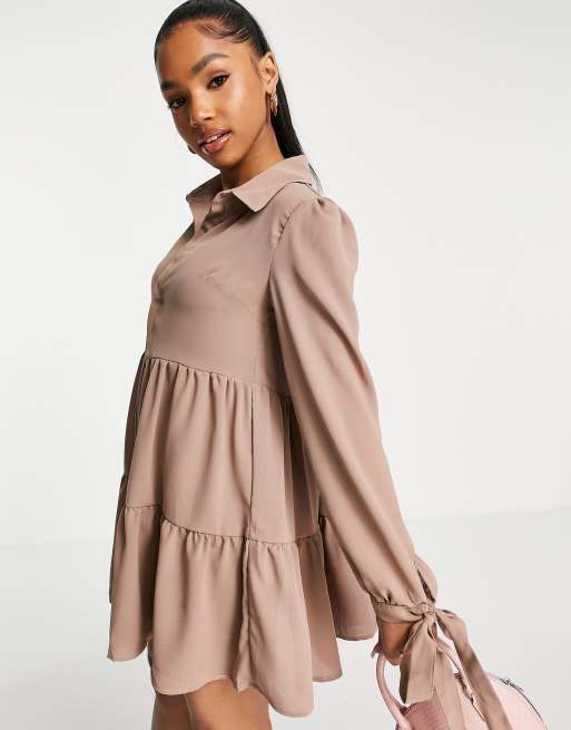 In The Style x Dani Dyer tiered shirt dress with bow detail cuffs in taupe ASOS