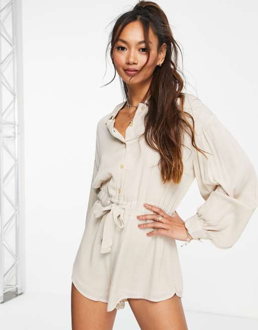 In The Style x Elle Darby relaxed playsuit with tie belt detail in stone