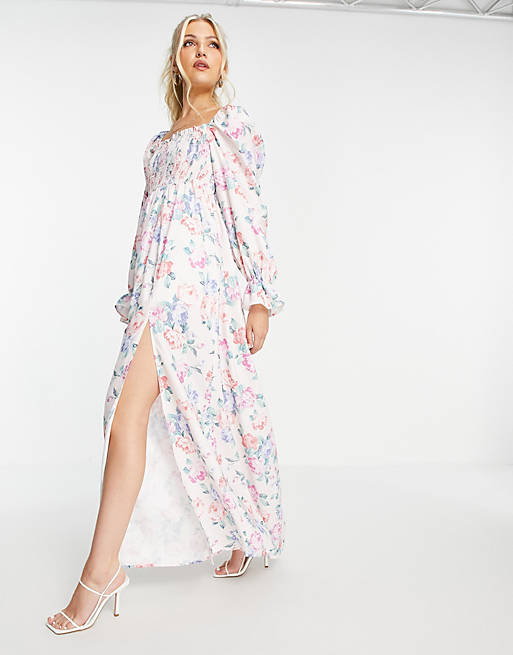 In The Style x Elle Darby volume sleeve shirred bust detail maxi dress with thigh split in floral multi