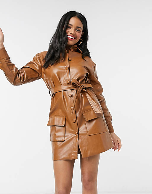 In The Style x Fashion Influx brown pu balloon belted sleeve dress