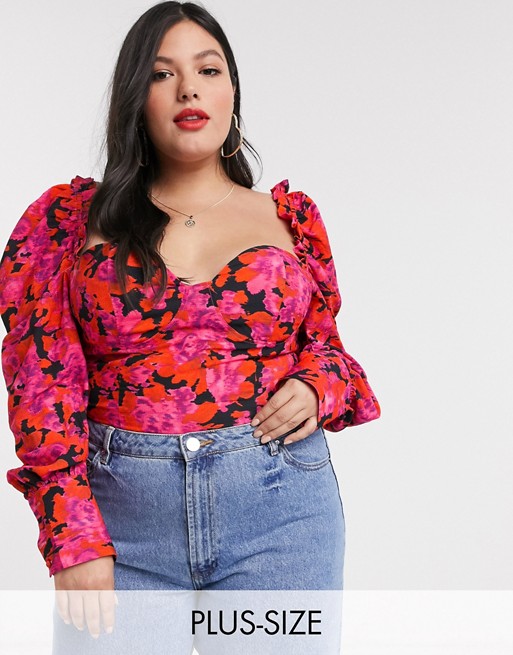 In The Style x Fashion Influx Plus puff sleeve corset in floral print | ASOS