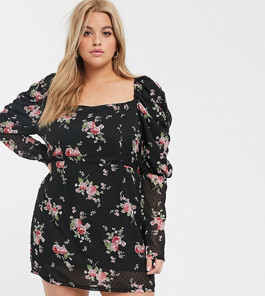 In The Style x Fashion Influx Plus puff sleeve mini dress in floral print-Multi