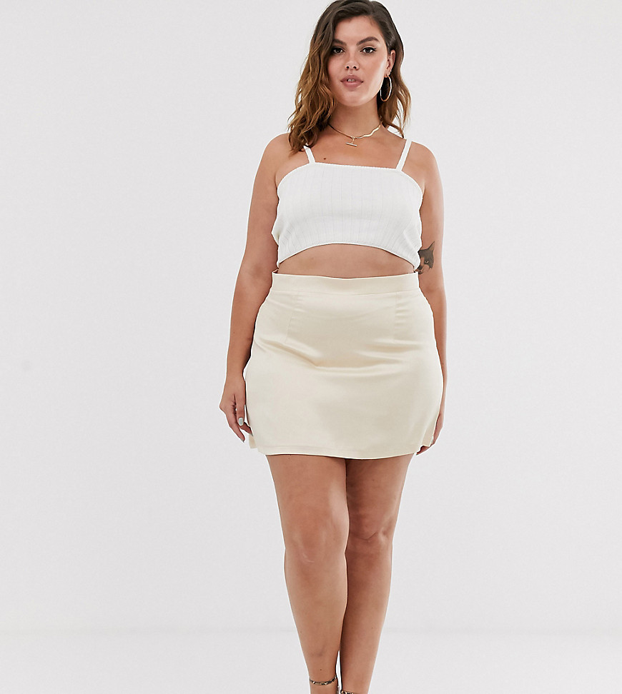 In The Style x Fashion Influx Plus satin mini skirt in cream-White