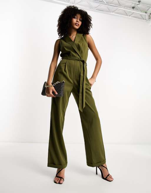 Khaki Tie Waist Ribbed Jumpsuit - Matalan