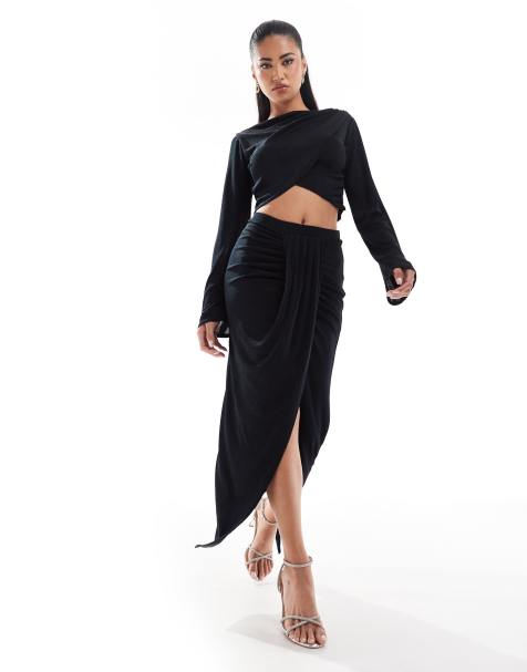 In The Style x Georgia Louise double layered slinky wrap drape detail maxi skirt co-ord in black - view 1