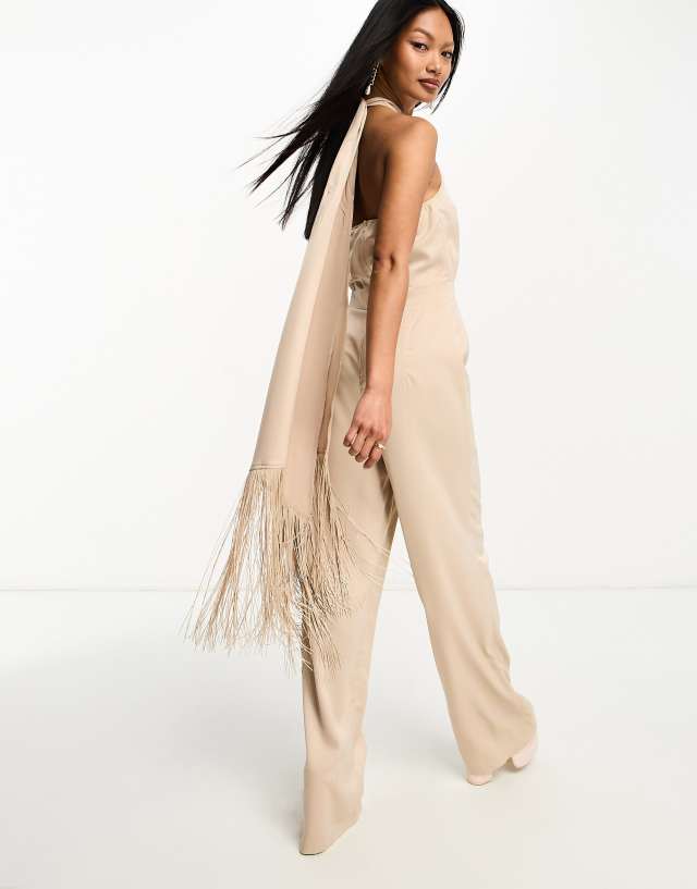 In The Style - x georgia louise fringed scarf detail wide leg jumpsuit in stone