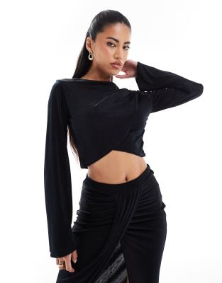 In The Style In The Style x Georgia Louise slinky high neck wrap crop top co-ord in black