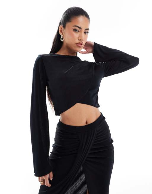In The Style x Georgia Louise slinky high neck wrap crop top in black (part of a set)