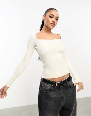 In The Style x Georgia Louise sweetheart neckline ribbed knit jumper in cream-White