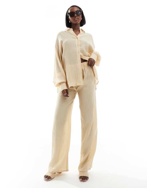 In The Style x Georgia Louise textured wide leg pants in beige (part of a set)