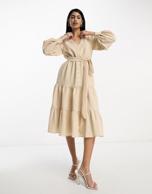 In The Style x Georgia Louise tiered maxi dress with belt detail in cream