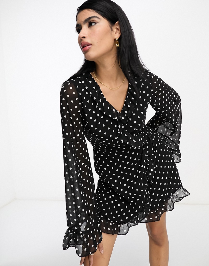 In The Style x Georgia Louise volume sleeve ruffle detail mini dress in black polka dot-Multi