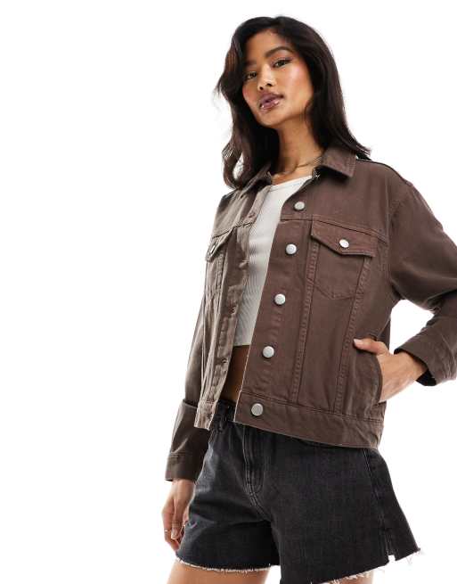 In The Style x Hannah Brown boxy denim jacket in chocolate brown | ASOS