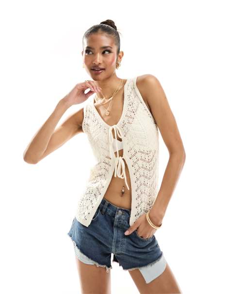 In The Style x Hannah Brown crochet tie front waistcoat in cream - view 1