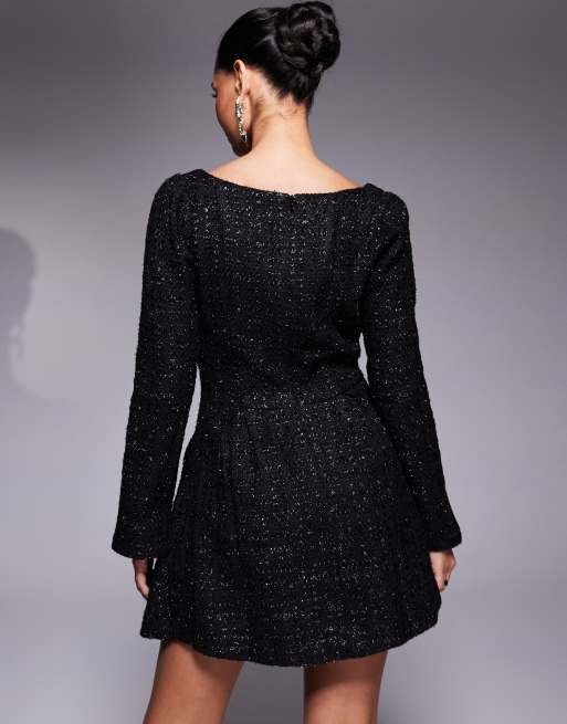 In The Style x Hannah Brown structured boucle square neck tailored pocket  detail mini dress in black | ASOS