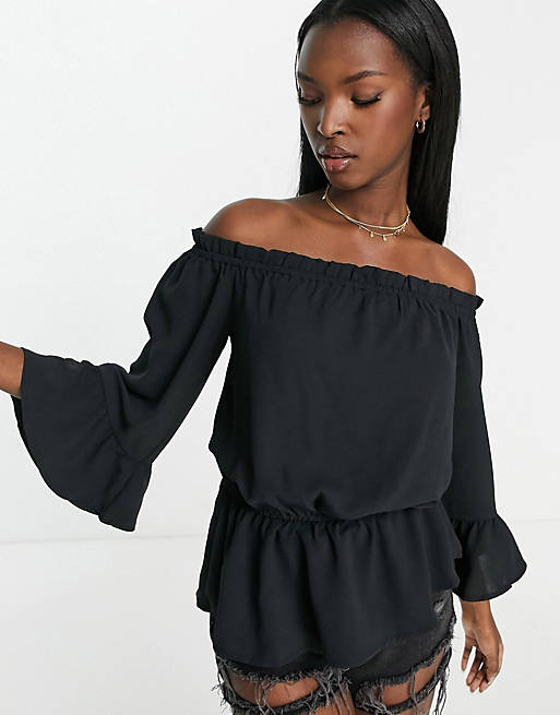 In The Style x Jac Jossa bardot top with frill sleeve in black