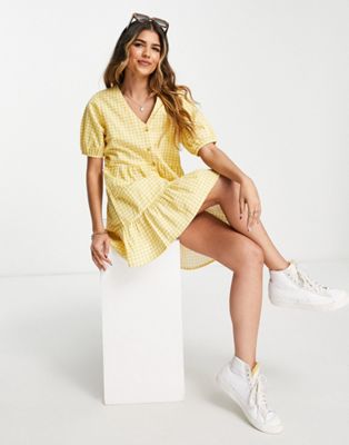 In The Style x Jac Jossa button through tea dress in yellow check
