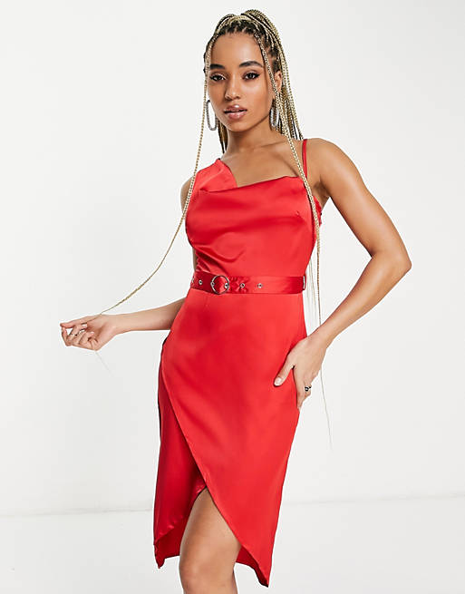 Dresses In The Style x Jac Jossa cowl front asymmetric split front midi dress in red 