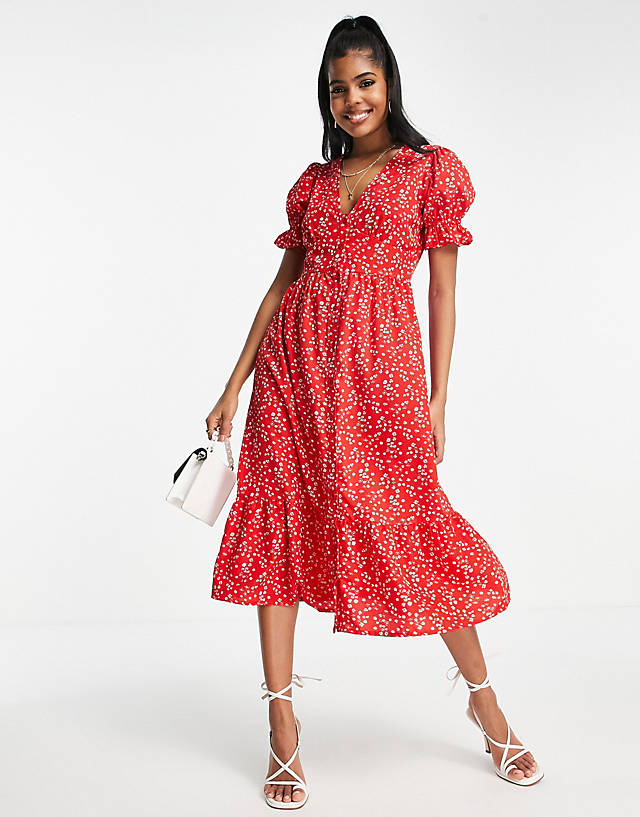 In The Style - x jac jossa exclusive button through puff sleeve midi dress in red ditsy print