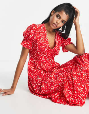 In The Style x Jac Jossa exclusive button through puff sleeve midi dress in red  ditsy print | ASOS