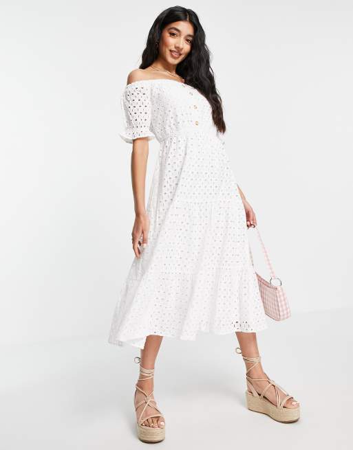 In The Style x Jac Jossa eyelet off shoulder puff sleeve tiered maxi