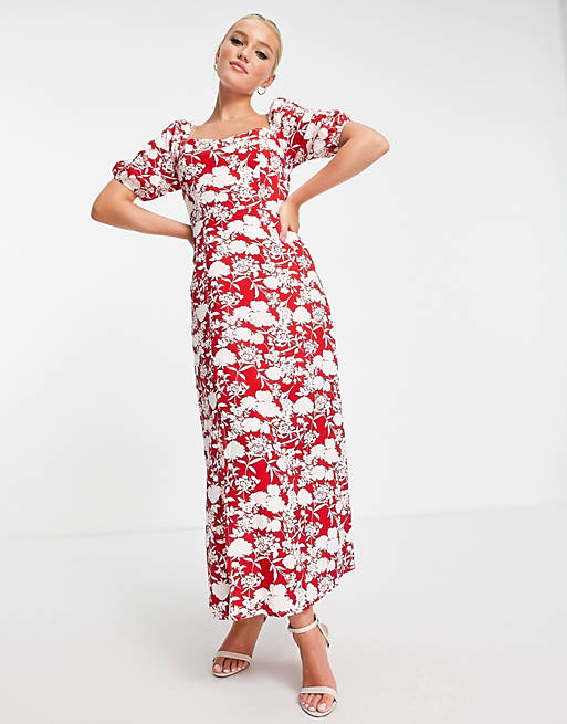 In The Style x Jac Jossa flutter sleeve midi dress with thigh split in red floral print