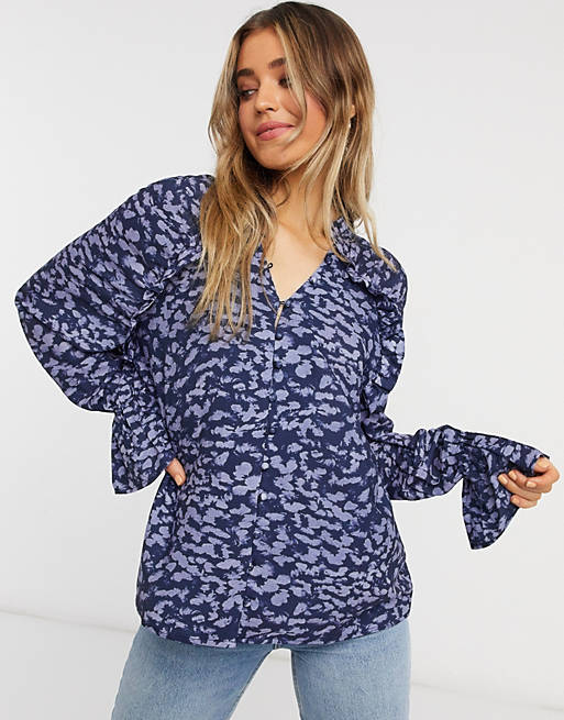 In The Style x Jac Jossa frill neck smock top in navy floral